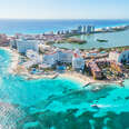 An aerial view of Cancun, Quintana Roo, Mexico, showing the turquoise waters.