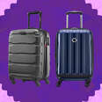 A collage of Samsonite and Delsey roller luggage, over dark purple and light purple background. 